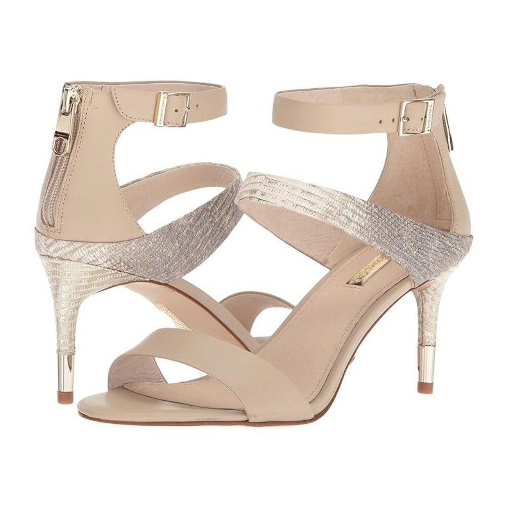 NEW Louise Et Cie Women Keit Texture Block Gold Zip Ankle Strap Heel Dress Shoe